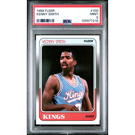 PSA Graded 1988 Fleer Kenny Smith basketball card on display