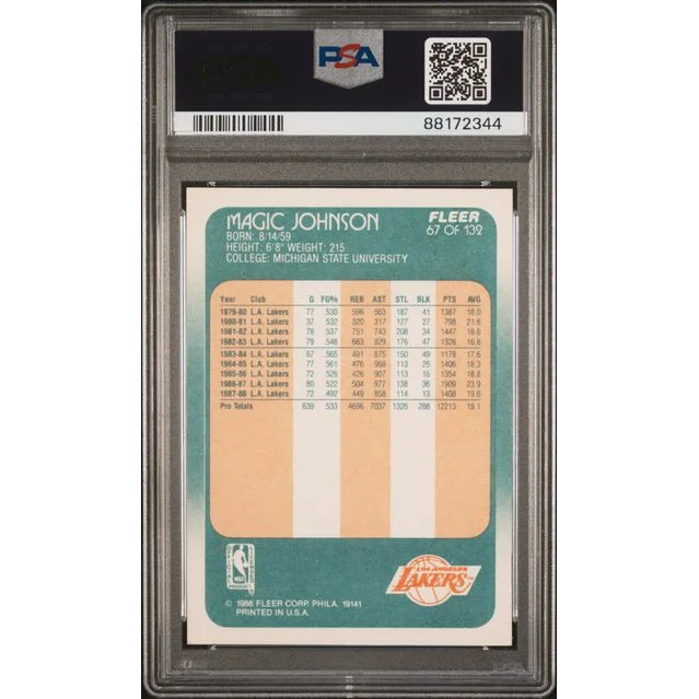 Graded 1986-87 Fleer Magic Johnson #67 PSA 9 Mint Basketball Card
