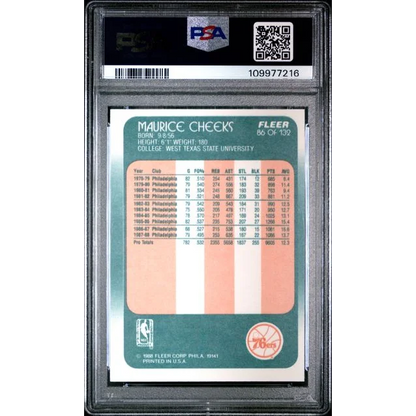 Graded 1988 Fleer Maurice Cheeks #86 Basketball Card PSA 7 Near Mint | PSA 7 NM Graded Vintage Basketball Card | vintageantiquesgifts.com