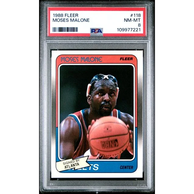 PSA graded 1988 Fleer Moses Malone basketball card NM-MT 8 on display