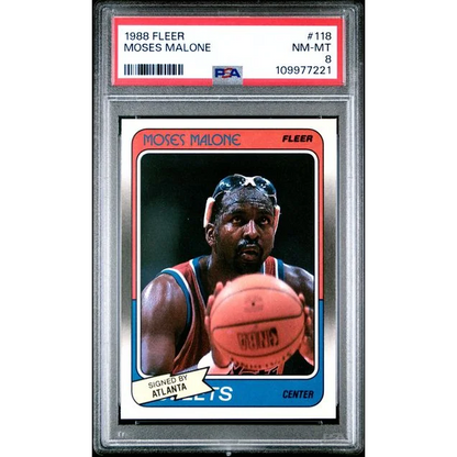 PSA graded 1988 Fleer Moses Malone basketball card NM-MT 8 on display