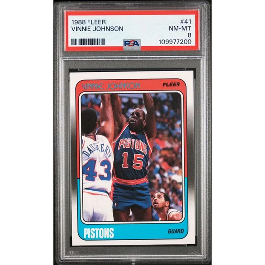 Graded 1988 Fleer Vinnie Johnson basketball card PSA NM-MT 8 professional sports authenticator