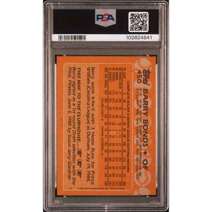 Graded PSA Mint 9 Barry Bonds 1986 Topps Rookie Baseball Card on display