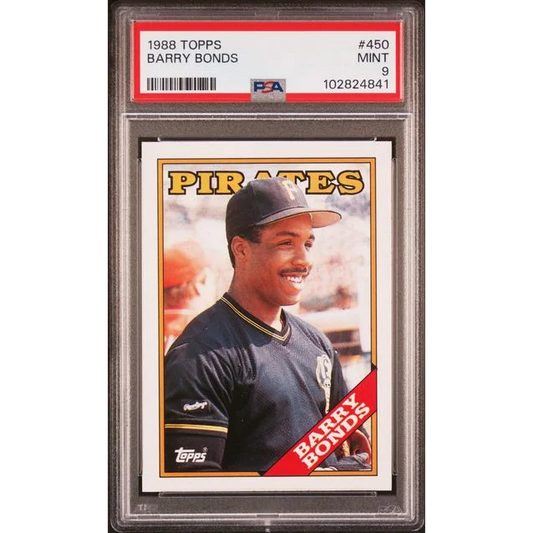 A graded 1988 Topps Barry Bonds baseball card in Mint 9 condition displayed in PSA product