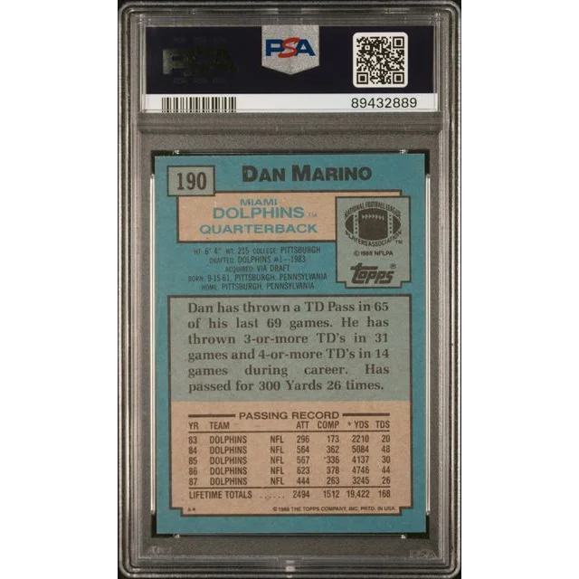 A graded 1988 Topps Dan Marino football card number 190 in PSA holder
