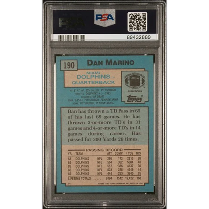 A graded 1988 Topps Dan Marino football card number 190 in PSA holder
