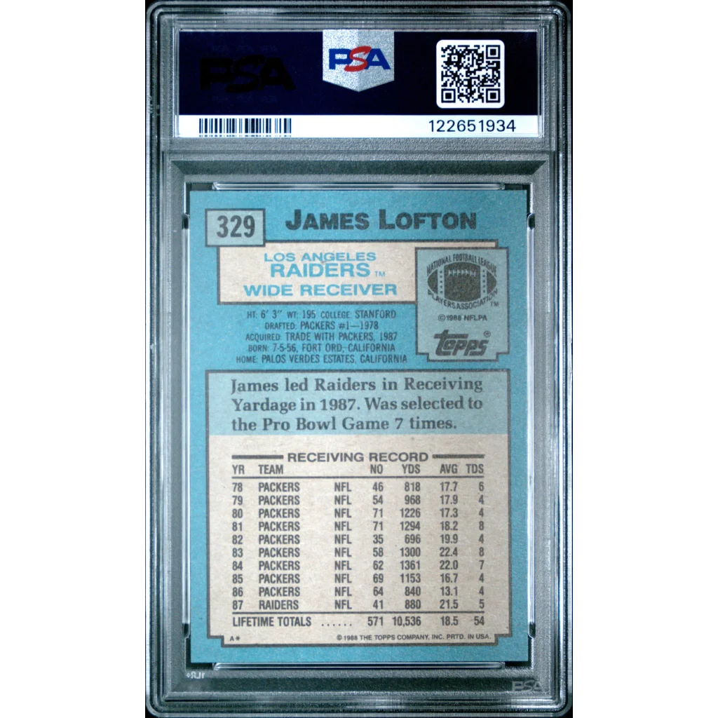 Graded 1988 Topps James Lofton #329 Football Card PSA 8 Near Mint | PSA 8 NM-MT Graded Vintage Football Card | vintageantiquesgifts.com