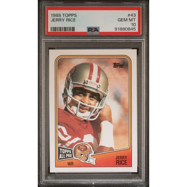 Graded 1988 Topps Jerry Rice Rookie Card PSA 10 GEM MT in perfect condition