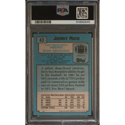 Vintage Jerry Rice football card graded PSA 10 GEM MINT from 1988 Topps Rookie set