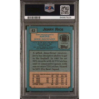 A graded 1988 Topps Jerry Rice football card in PSA holder displayed for sale