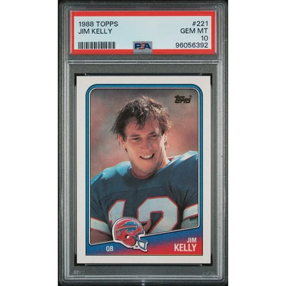 Graded 1988 Topps Jim Kelly football card in PSA case ready for collectors