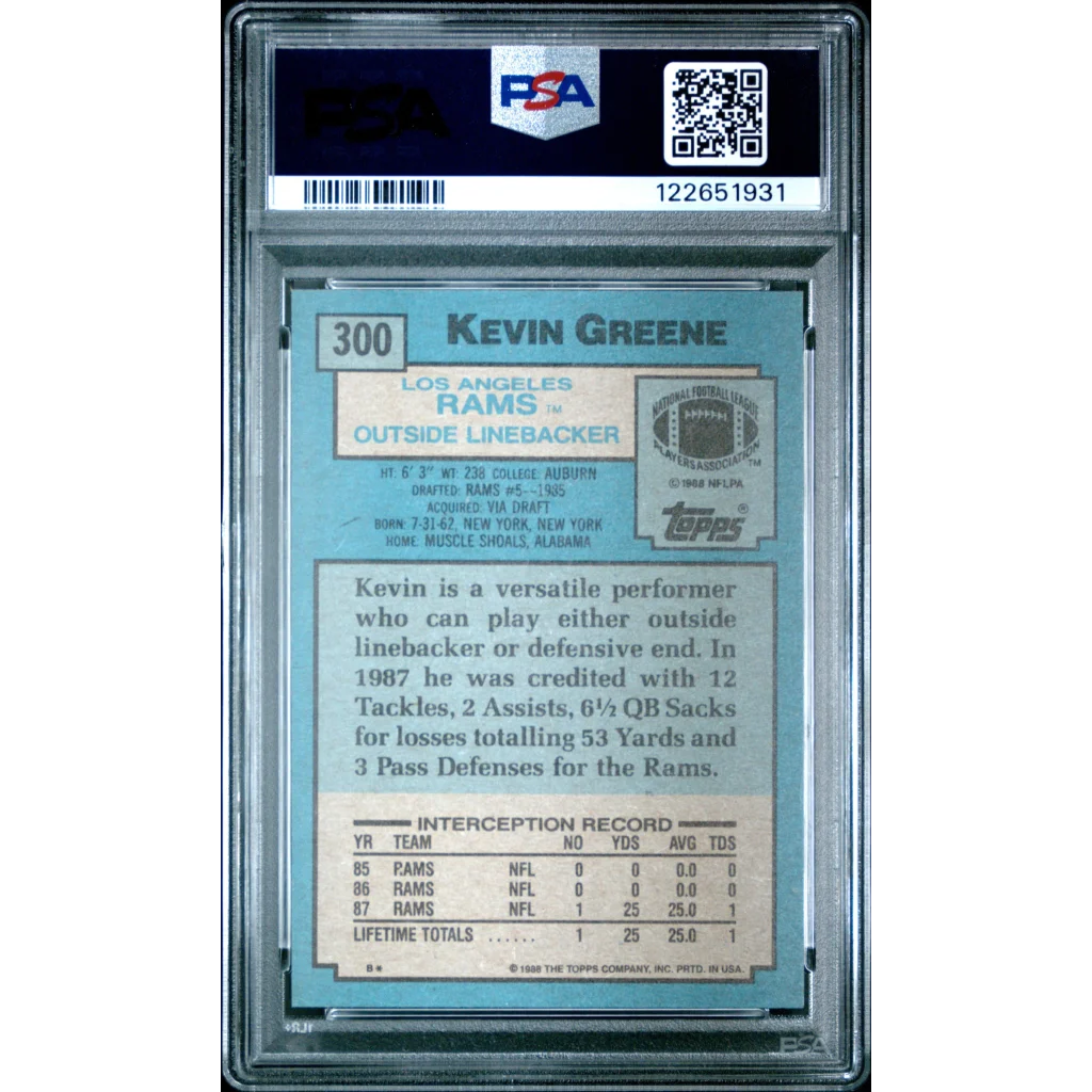 Graded 1988 Topps Kevin Greene #300 Rookie RC Football Card PSA 9 Mint | PSA 9 Mint Graded Rookie Card | vintageantiquesgifts.com