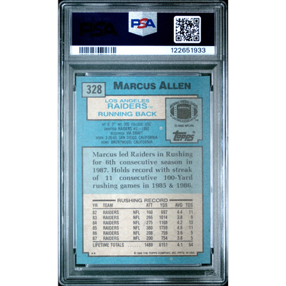 Graded 1988 Topps Marcus Allen #328 Football Card PSA 9 Mint | PSA 9 Mint Graded Vintage Football Card | vintageantiquesgifts.com