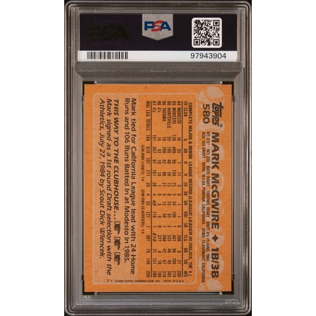 Graded 1988 Topps Mark McGwire #580 2nd Year Rookie Cup Baseball Card PSA 10 Gem Mint | PSA 10 Gem Mint Graded Vintage Baseball Card | vintageantiquesgifts.com