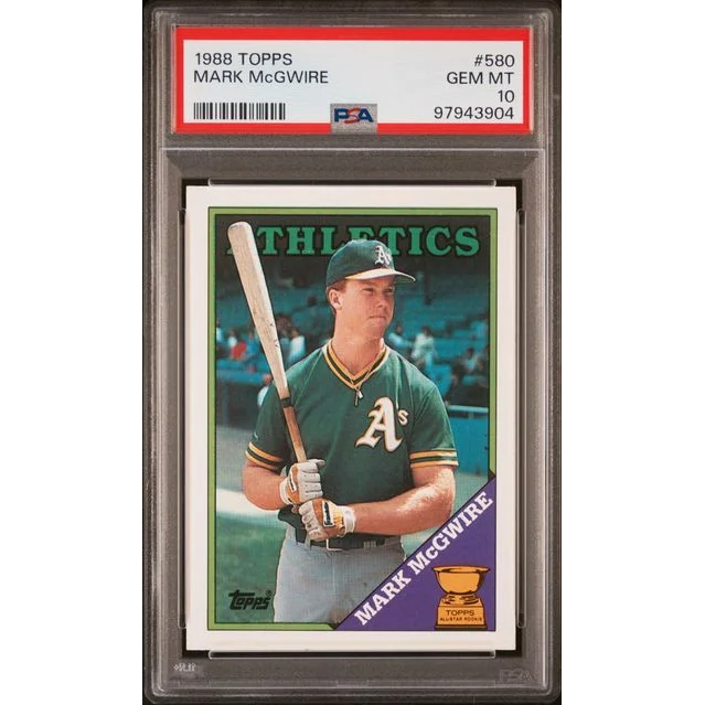 Graded 1988 Topps Mark McGwire #580 2nd Year Rookie Cup Baseball Card PSA 10 Gem Mint | Hall of Fame Sports Memorabilia | vintageantiquesgifts.com