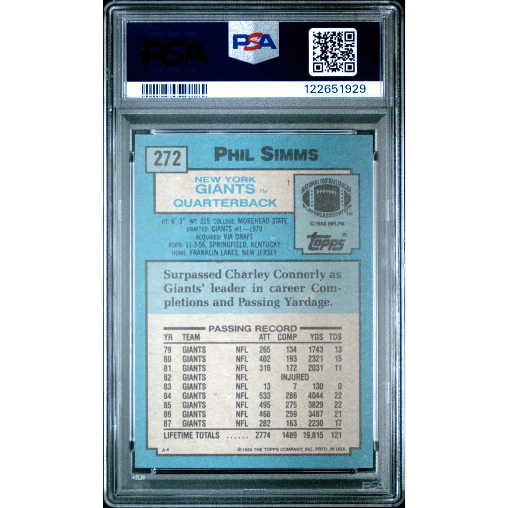 Graded 1988 Topps Phil Simms #272 Football Card PSA 7 Near Mint