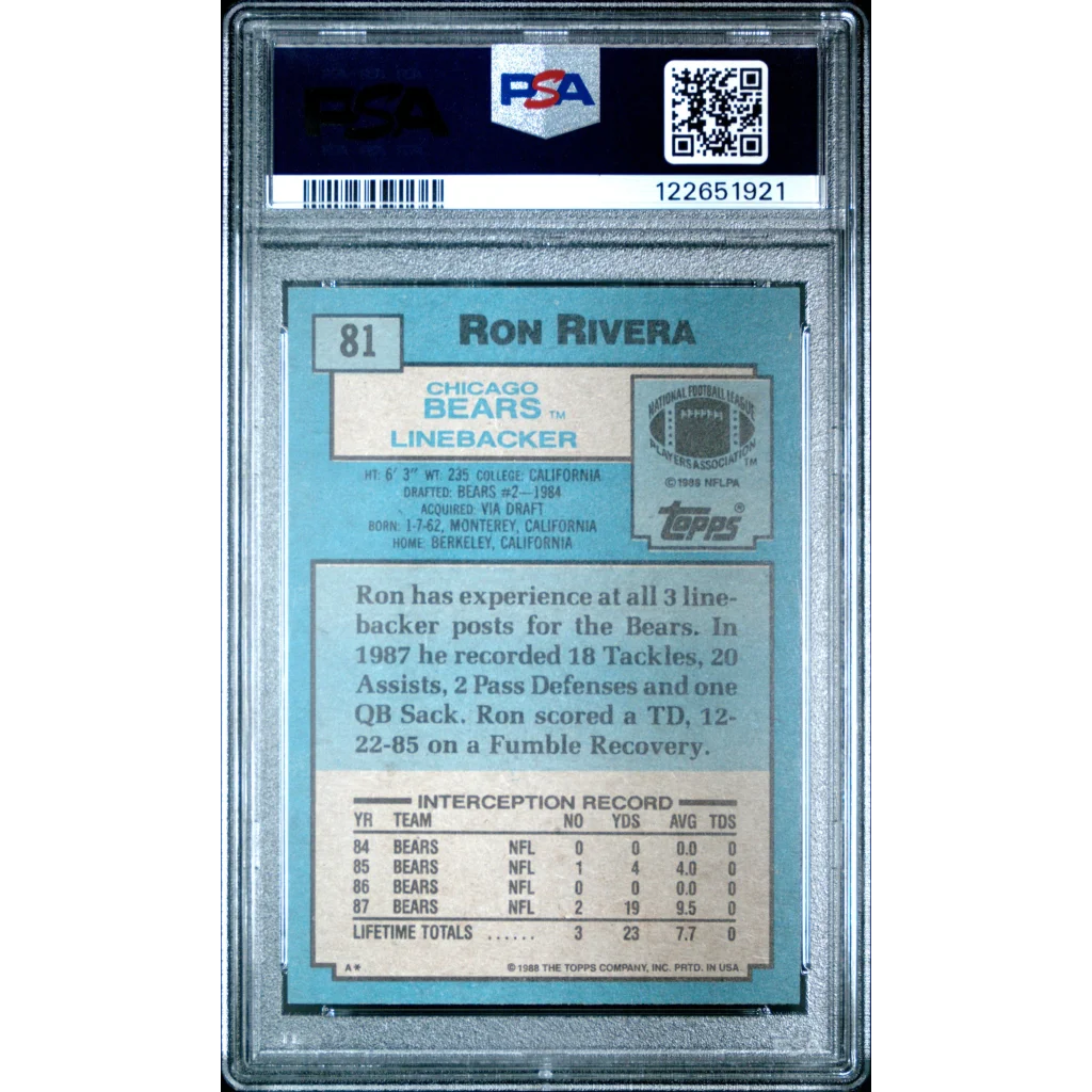 Graded 1988 Topps Ron Rivera #81 Rookie RC Football Card PSA 6 Excellent