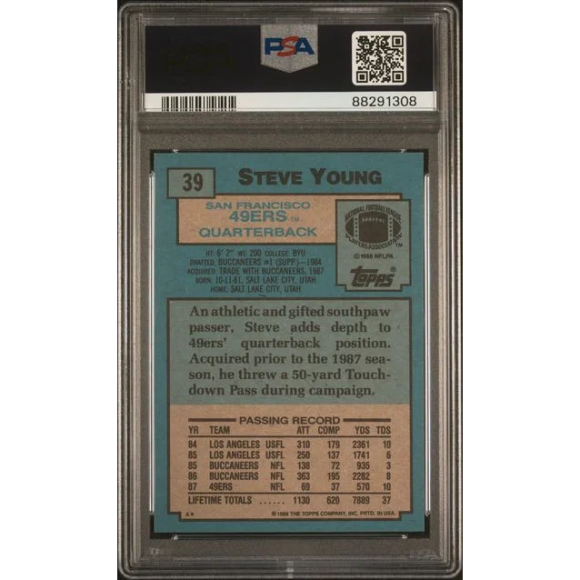 Graded 1988 Topps Steve Young #39 Football Card PSA 10 Gem Mint | PSA 10 Gem Mint Graded Vintage Football Card | vintageantiquesgifts.com