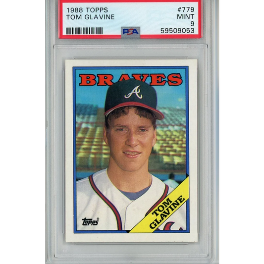 Graded 1988 Topps Tom Glavine #779 Rookie RC Baseball Card PSA 9 Mint | Hall of Fame Sports Memorabilia | vintageantiquesgifts.com