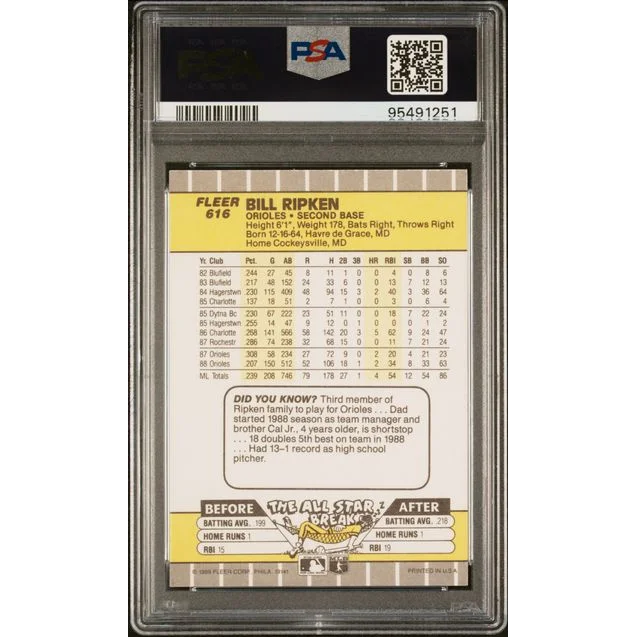 Graded 1986 Fleer Bill Ripken baseball card in PSA 7 slab