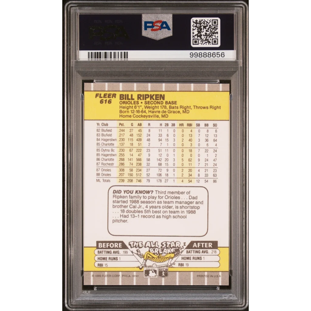 Graded 1989 Fleer Bill Ripken #616 FF Error Baseball Card PSA 9 Mint | PSA 9 Mint Graded Vintage Baseball Card | vintageantiquesgifts.com