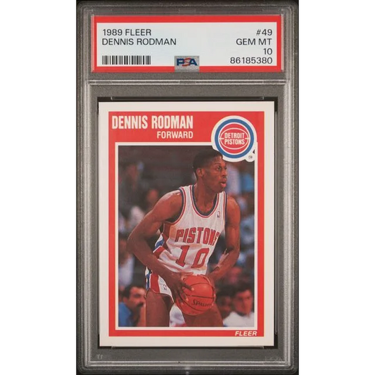 Close-up of a PSA 10 GEM MINT 1989 Fleer Dennis Rodman basketball card