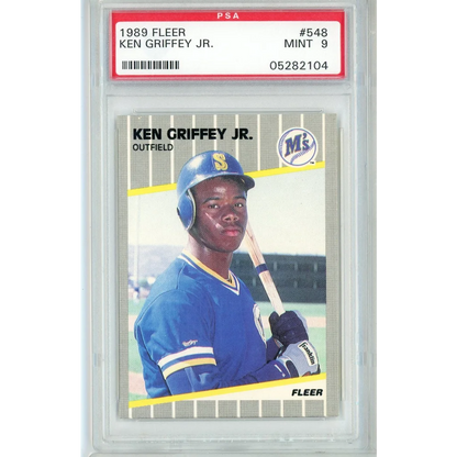 Graded 1989 Fleer Ken Griffey Jr Rookie Baseball Card in PSA case