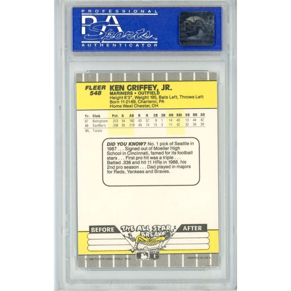 Graded 1989 Fleer Ken Griffey Jr. #548 Rookie RC Baseball Card PSA 9 Mint | PSA 9 Mint Graded Rookie Card | vintageantiquesgifts.com