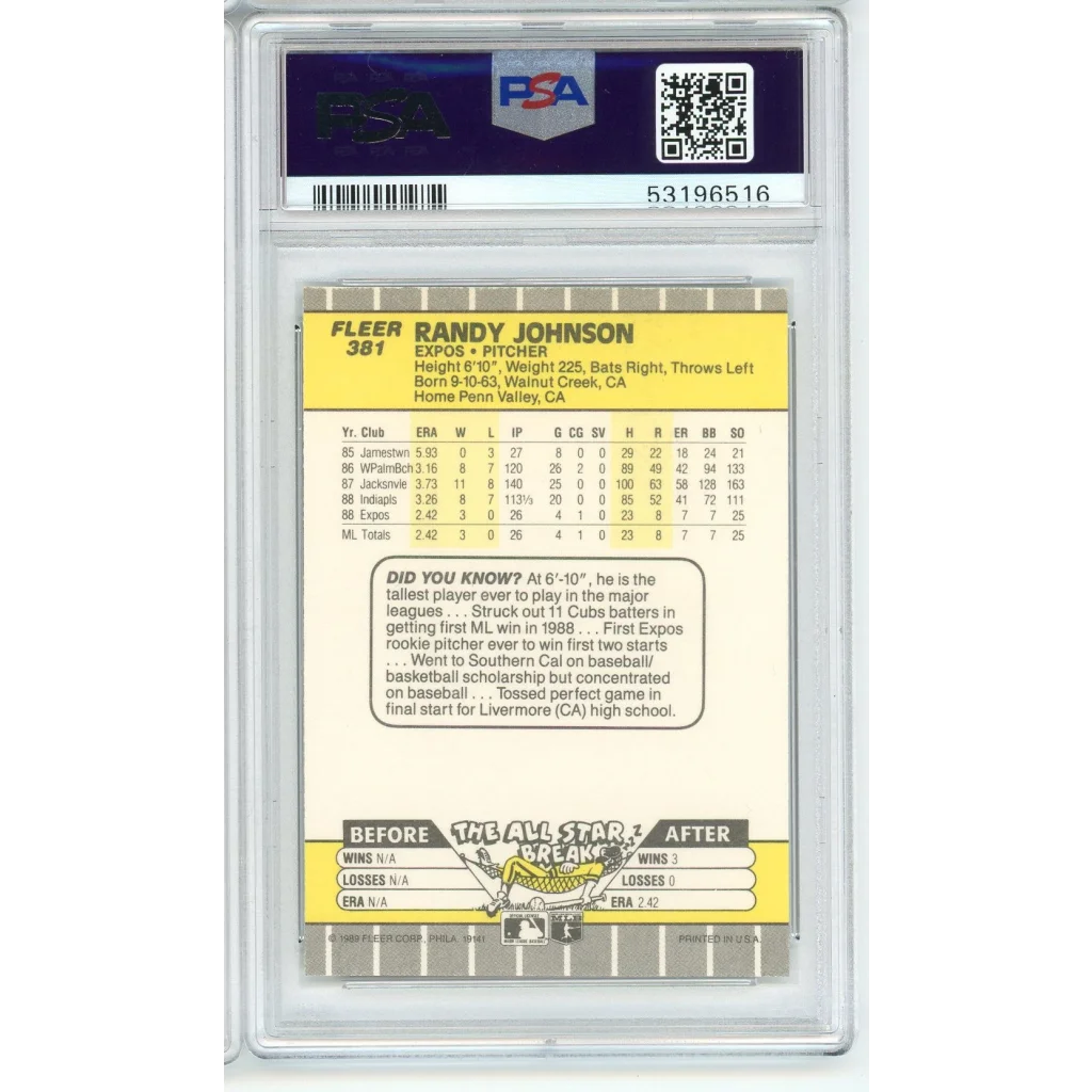1989 Fleer Randy Johnson #381 Rookie Card PSA 9 Mint Graded