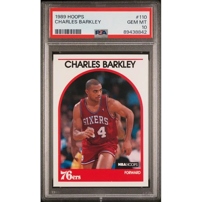 A graded 1989 Hoops Charles Barkley Philadelphia 76ers basketball card in PSA case