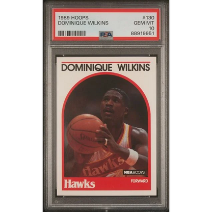 1989 Fleer Dominique Wilkins basketball card graded PSA 10 GEM MT on display