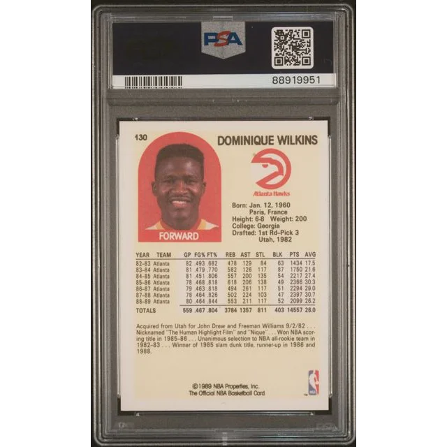 Graded 1989 Fleer Dominique Wilkins basketball card in PSA 10 GEM MT condition