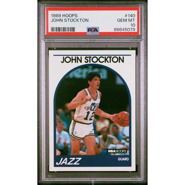 PSA graded 1989 Hoops John Stockton basketball card on display