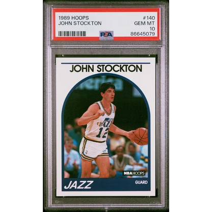 PSA graded 1989 Hoops John Stockton basketball card on display