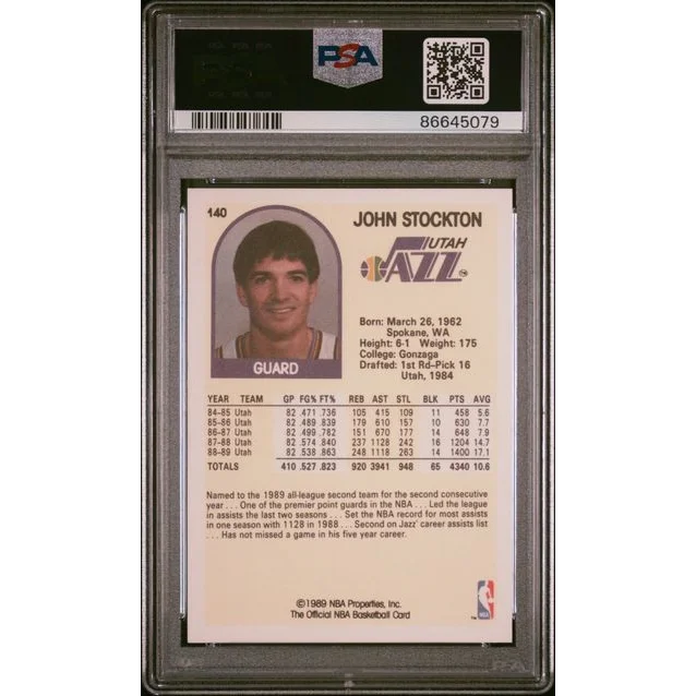 A PSA graded 1989 Hoops John Stockton basketball card in a slab