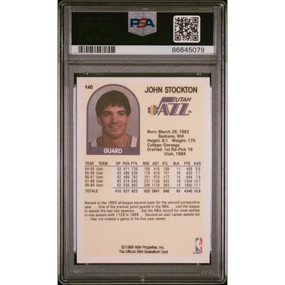 A PSA graded 1989 Hoops John Stockton basketball card in a slab