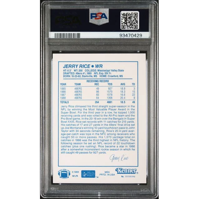 Graded 1989 Jerry Rice Kenner Starting Lineup football card in PSA NM 7 condition