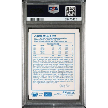 Graded 1989 Jerry Rice Kenner Starting Lineup football card in PSA NM 7 condition
