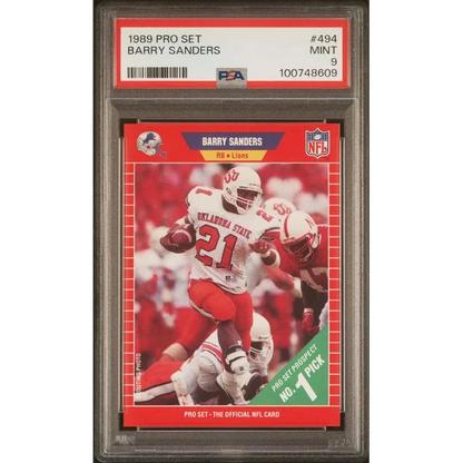Graded 1989 Pro Set Barry Sanders #494 Rookie RC Football Card PSA 9 Mint | Hall of Fame Sports Memorabilia | vintageantiquesgifts.com