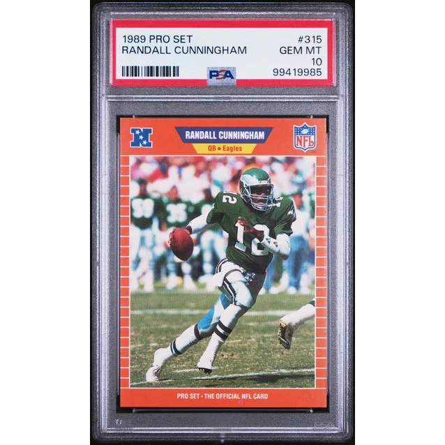 PSA graded 1989 Pro Set Randall Cunningham football card in treasure display