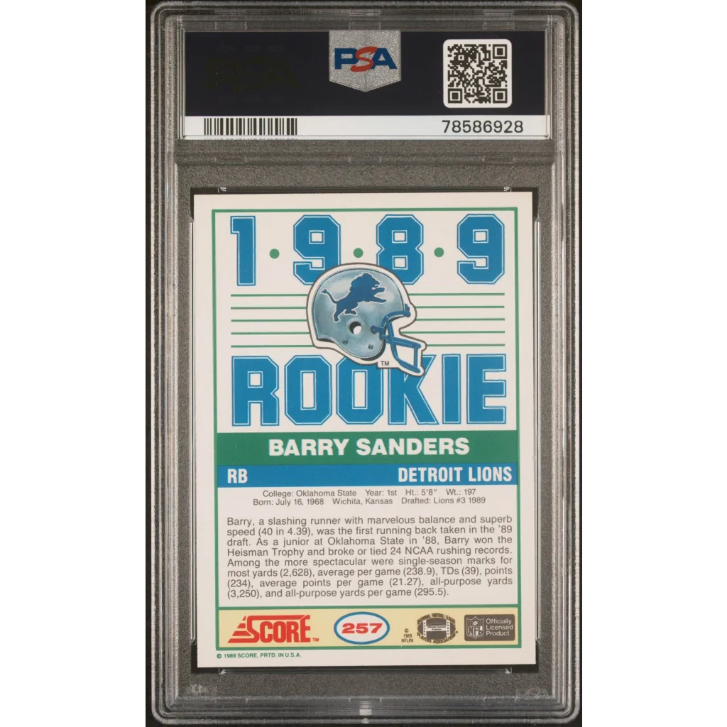 Graded 1989 Score Barry Sanders #257 Rookie RC PSA 9 Mint Card