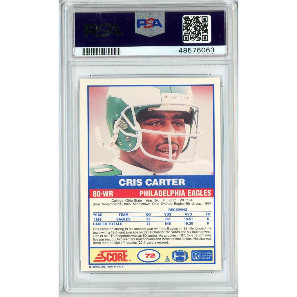 A graded PSA Mint 9 Cris Carter 1989 Score Rookie Football Card ready to own