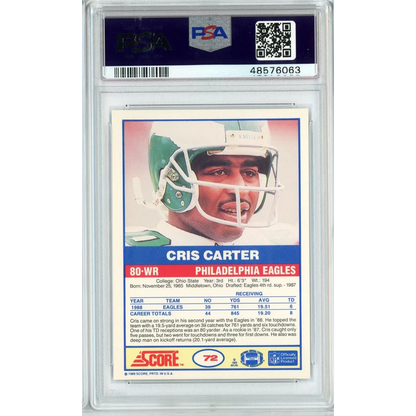 A graded PSA Mint 9 Cris Carter 1989 Score Rookie Football Card ready to own