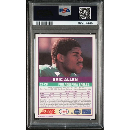 A graded PSA Mint 9 1990 Score Eric Allen football card from the 1989 Score Supplemental set