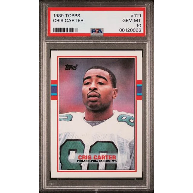 1989 Topps Cris Carter football card graded GEM MT 10 in PSA Treasure box