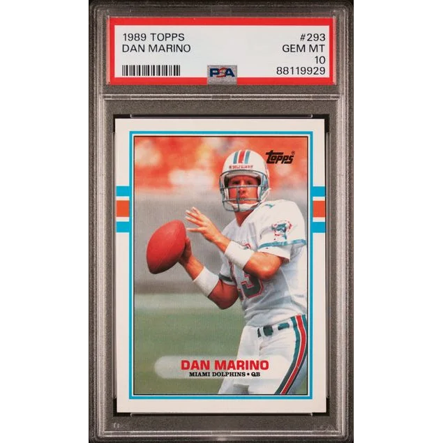 A graded 1989 Topps Dan Marino sports card PSA Gem Mint card display