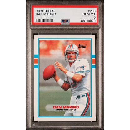 A graded 1989 Topps Dan Marino sports card PSA Gem Mint card display