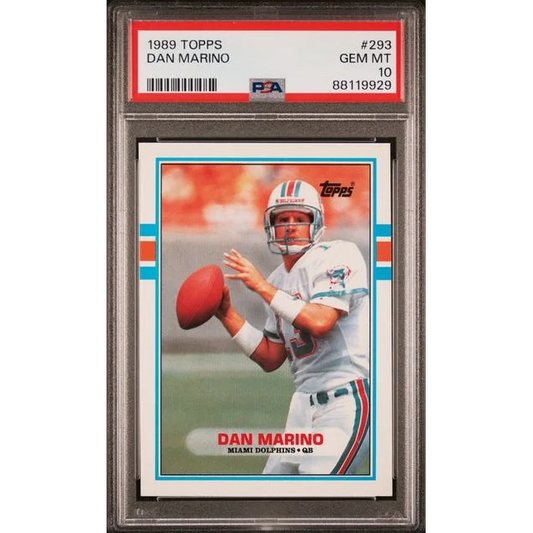 A graded 1989 Topps Dan Marino sports card PSA Gem Mint card display
