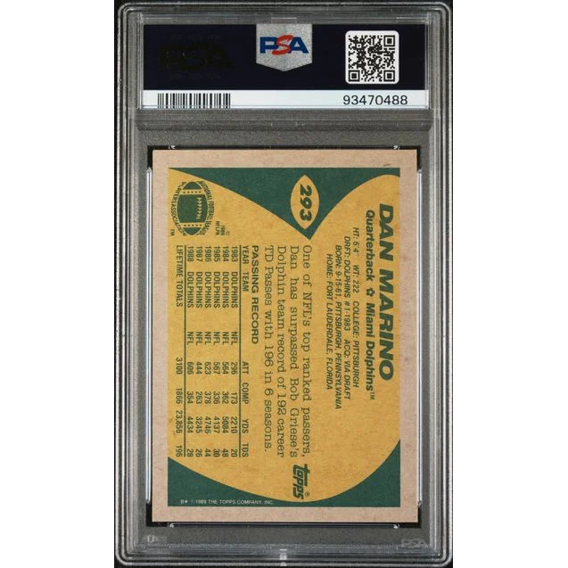 Graded 1989 Topps Dan Marino football card in PSA Mint 9 condition
