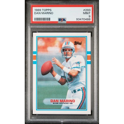 A graded Mint 9 1989 Topps Dan Marino football card displayed in PSA packaging